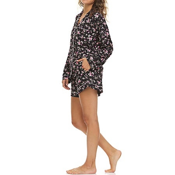 NWT Flora by Flora Nikrooz Womens Black Pink Flowers Notch Collar PJ W/Shorts… - Picture 6 of 7